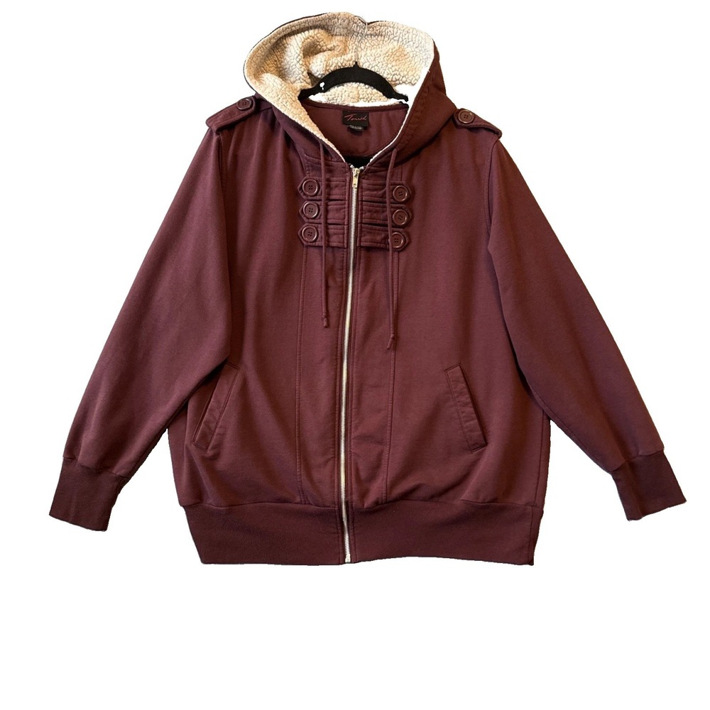 Torrid 3 3X Military Hoodie Jacket Burgundy Red Sherpa Full Zip Goth Steampunk